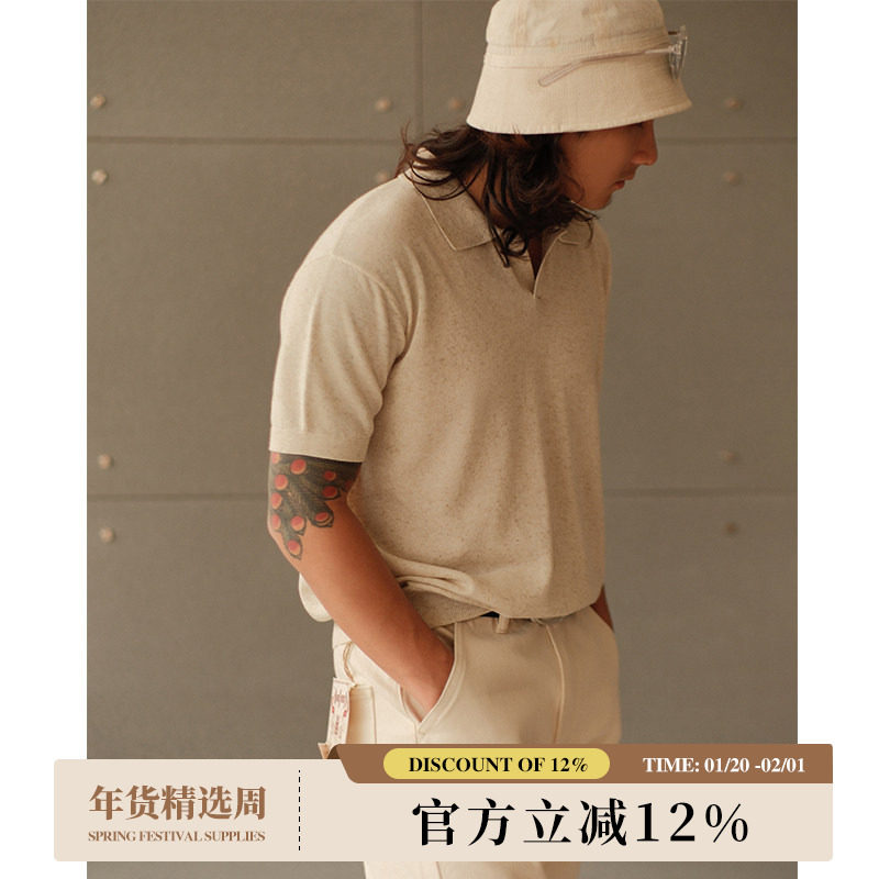 天丝麻混纺老钱复古马球杏白复古Polo短袖针织衫 MBBCAR窄幅,男装,T恤,淘宝优惠券,粉丝福利购,淘宝优惠卷