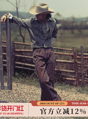 西部系列16OZ珠帆双膝伐木工做旧绣花高腰阔腿工装裤 MBBCAR窄幅