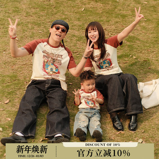 MBBCAR窄幅 短袖 复古60s迷幻蓝调摇滚VonDutch海报擦肩袖 亲子套装