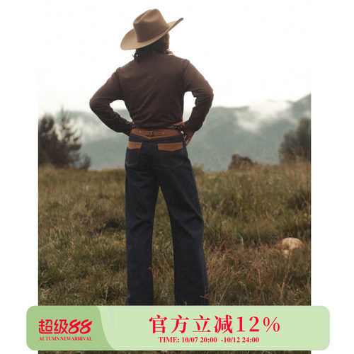 西部系列美式百货14OZ拼接帆布赤耳丹宁阔腿牛仔裤 MBBCAR窄幅