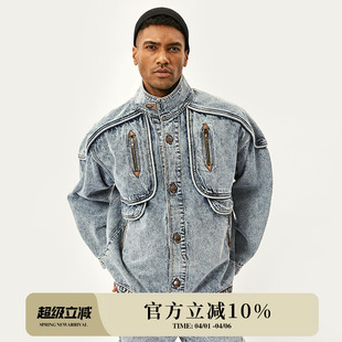 美式 Mbbcar阿美咔叽独立设计牛仔外套男 复古雪花洗水vintage夹克