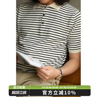 T恤 藏青米白条纹POLO针织衫 MBBCAR窄幅美式 复古纯棉透气夏季 短袖