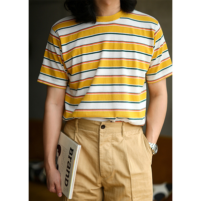 MBBCAR窄幅美式复古条纹短袖T恤