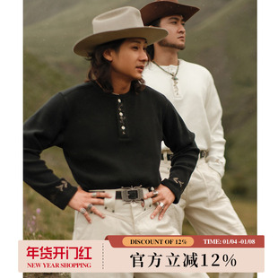 西部系列240G华夫格全棉水洗绣花 亨利领花卉长袖T恤 MBBCAR窄幅