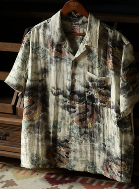 亚麻混纺 龙年武骨机车复古Rugged夏威夷短袖满印衬衫 MBBCAR窄幅