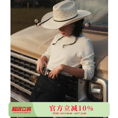 女士修身型基础款黑白汉麻混纺长袖圆领美式复古T恤衫 MBBCAR窄幅