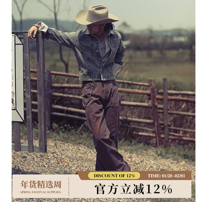 西部系列16OZ珠帆双膝伐木工做旧绣花高腰阔腿工装裤 MBBCAR窄幅,男装,休闲裤,淘宝优惠券,粉丝福利购,淘宝优惠卷