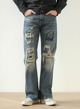 梦露手绘remake破洞diy重工水洗猫须赤耳牛仔微喇叭裤MBBCAR窄幅