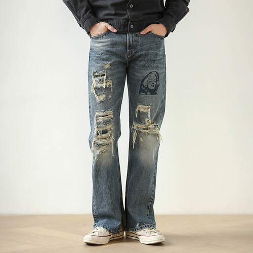 MBBCAR窄幅水洗破洞赤耳微喇叭裤