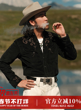 西部系列11.5OZ黑色水洗灯芯绒 玉米花绣花音乐家衬衫 MBBCAR窄幅