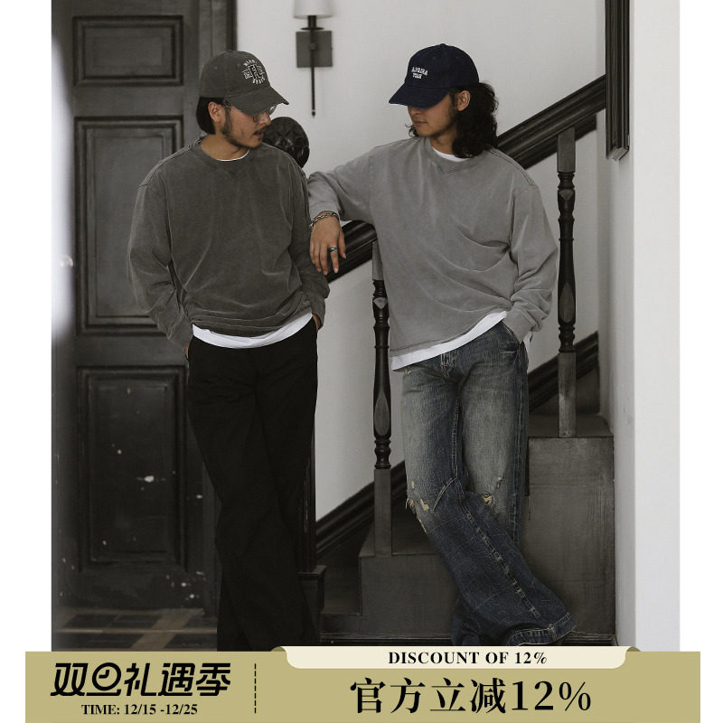 全棉软糯indigo水洗铜氨丝质感复古长袖打底T恤 MBBCAR窄幅