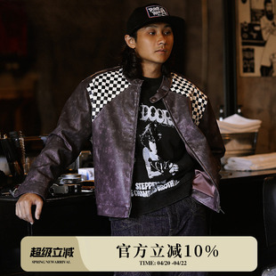 Used竞速赛车做旧水洗龙胆紫棋盘格短宽J100机车皮夹克MBBCAR窄幅