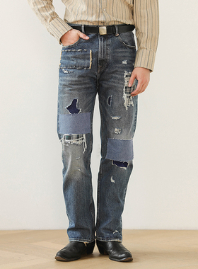 REMAKE自行创作猫须破洞贴布重工重磅赤耳丹宁牛仔裤MBBCAR窄幅