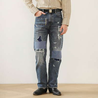 窄幅赤耳丹宁破洞补丁直筒裤
