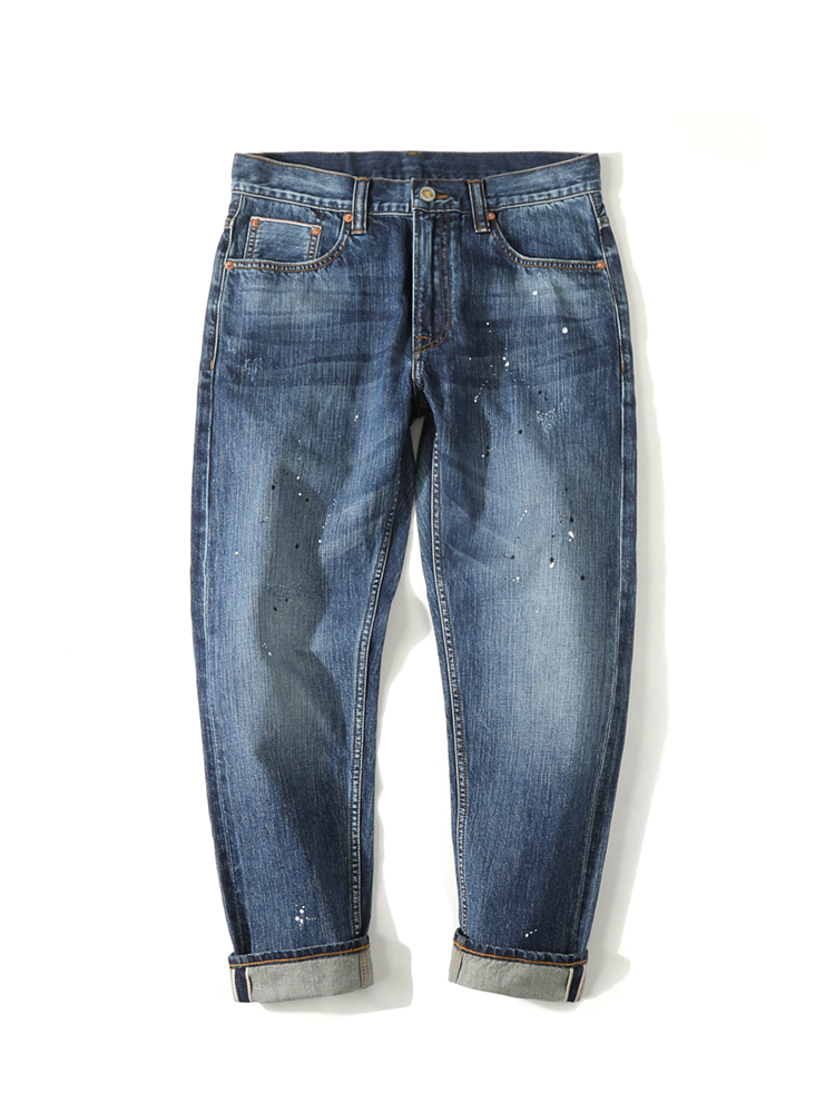 Narrow 14OZ splashing ink process washing heavy red ear denim nine-point pants MBBCAR washed men's jeans