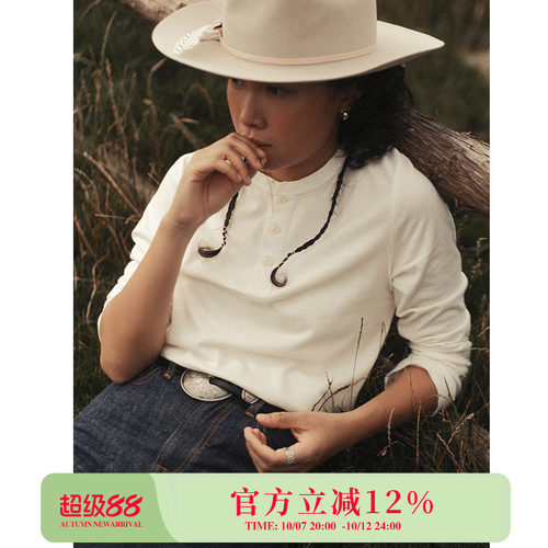 女士修身型基础款黑白汉麻混纺长袖亨利美式复古T恤衫 MBBCAR窄幅