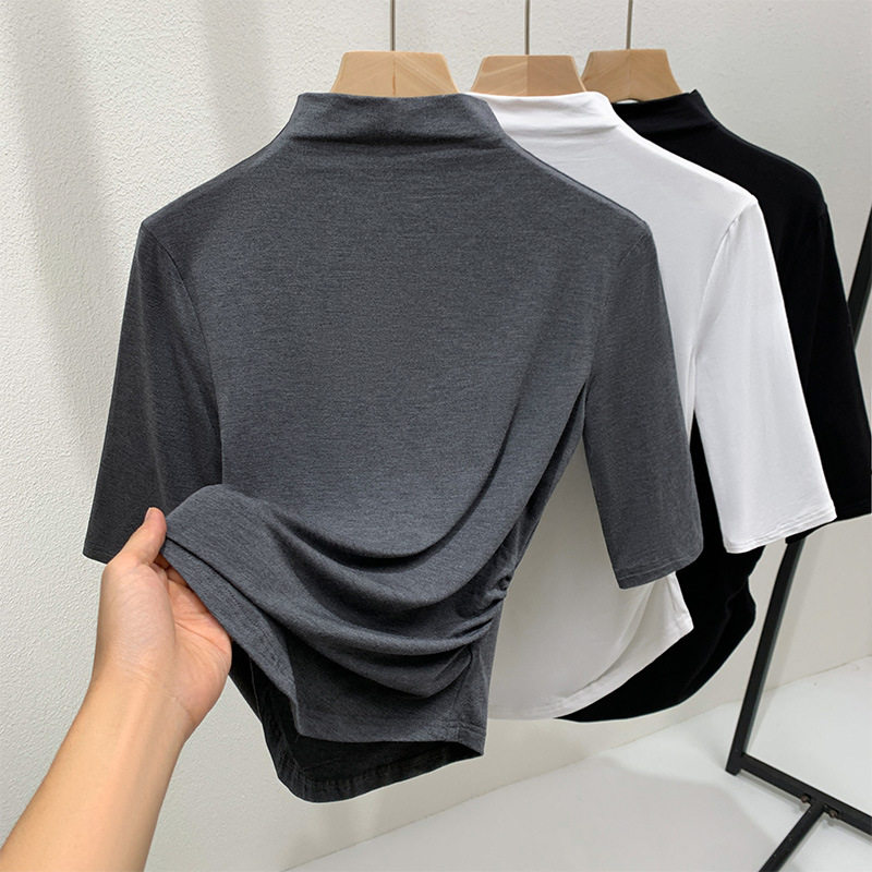 街头半高领打底衫女薄款2新款显瘦正肩半袖体恤褶皱收腰内搭上衣