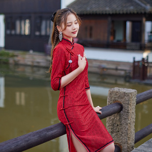 网红女蕾丝中长款七分袖日常旗袍新款改良修身中国风秋冬款连衣裙