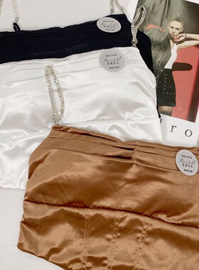 时尚女纯色链条吊带背心女带胸垫心机性感褶皱美背打底衫黑妞朵拉