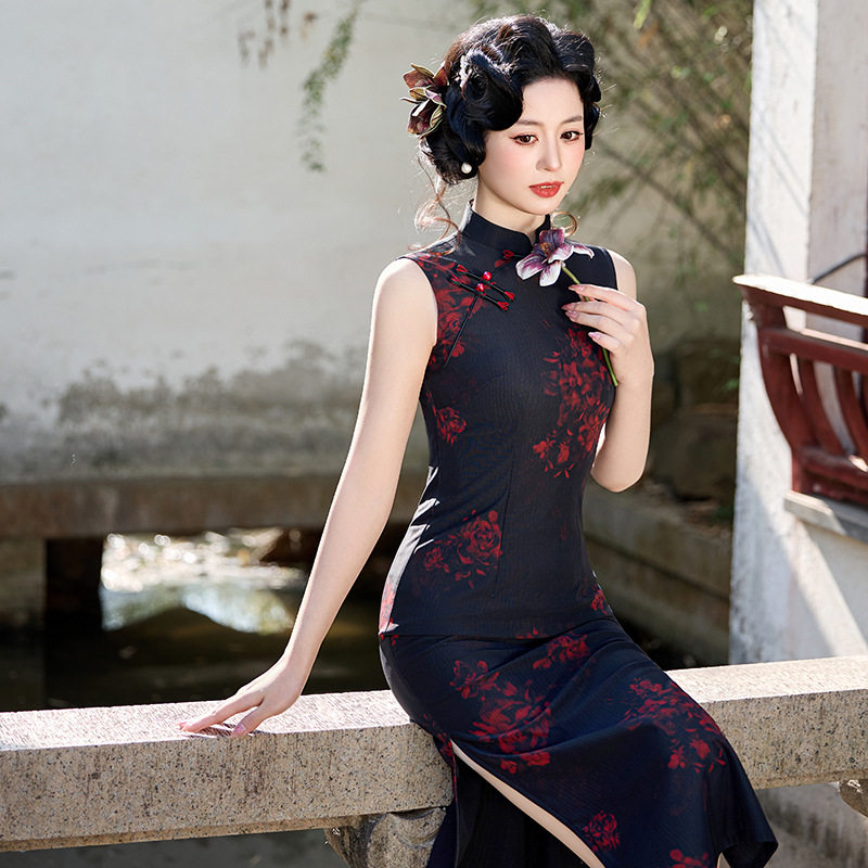 女黑色带花显瘦国风新中式长款旗袍年轻2026新款女复古老上海夏天图片
