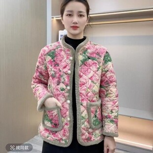 25年冬季新款棉衣外套时尚洋气花棉袄加绒保暖棉服女士粉色棉衣女