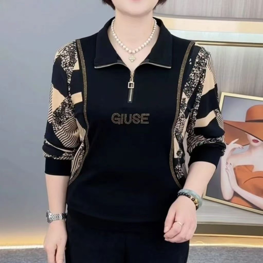 25年秋季新款长袖T恤女妈妈装短款休闲翻领卫衣遮肉显瘦春秋小衫