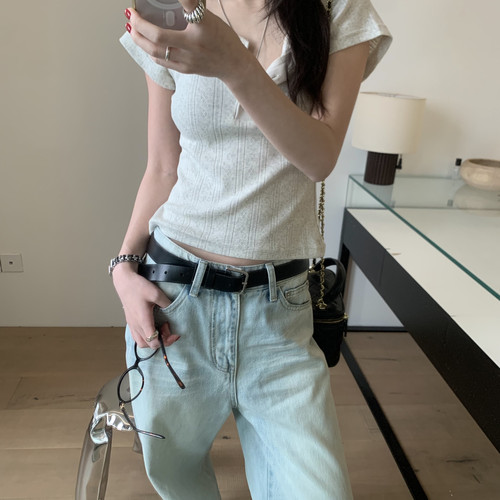 TABLE-领半开领设计镂空正肩百搭日常显瘦不挑人上衣短袖T恤36617