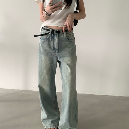 TABLE-时尚浅蓝阔腿直筒牛仔裤高腰显瘦春夏拖地裤神裤牛仔裤J765