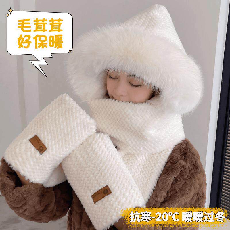 帽子女围巾手套一体帽冬季韩版加绒保暖围脖三件套防寒护颈防风帽
