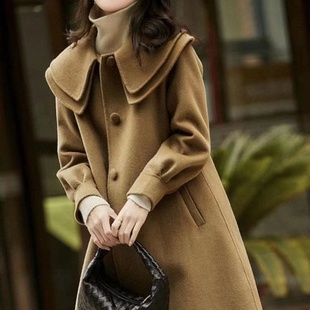 毛呢外套女2023新款 大衣 大衣顯瘦遮肉減齡娃娃領(lǐng)雙層領(lǐng)中長(zhǎng)款 韓版