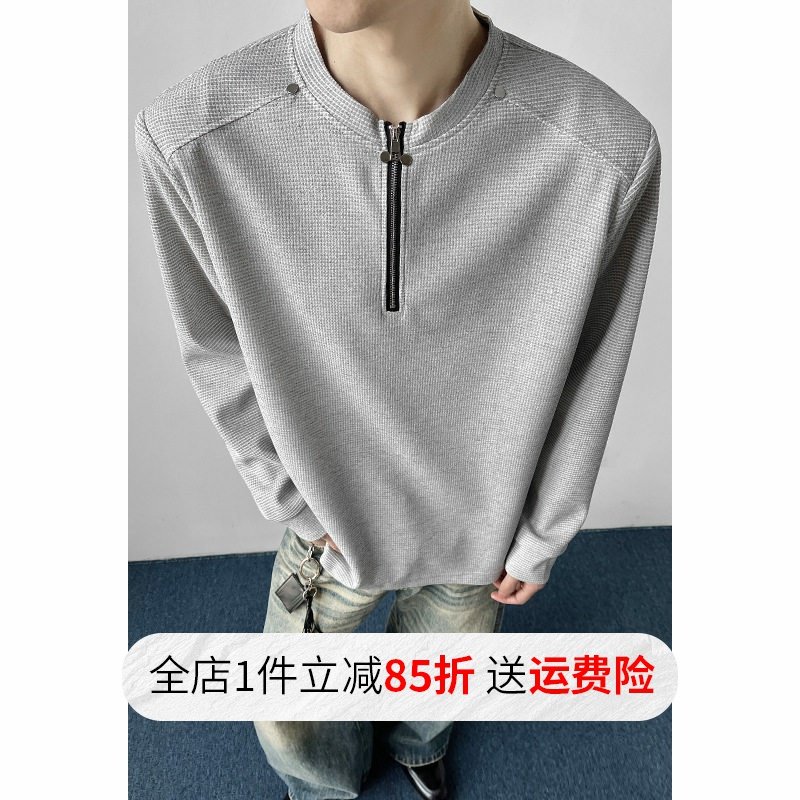 华夫格半拉链垫肩卫衣春秋美式T恤男宽松休闲痞帅重磅上衣服潮流,男装,T恤,淘宝优惠券,粉丝福利购,淘宝优惠卷