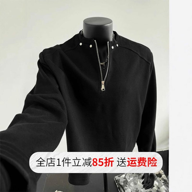 黑色半拉链垫肩卫衣男款秋冬美式正肩柳钉长袖T恤痞帅短款外套,男装,卫衣,淘宝优惠券,粉丝福利购,淘宝优惠卷