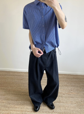 miu系皇家蓝色格子衬衫男夏季美式复古抽绳短袖衬衣cleanfit外套