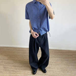 miu系皇家蓝色格子衬衫男夏季美式复古抽绳短袖衬衣cleanfit外套