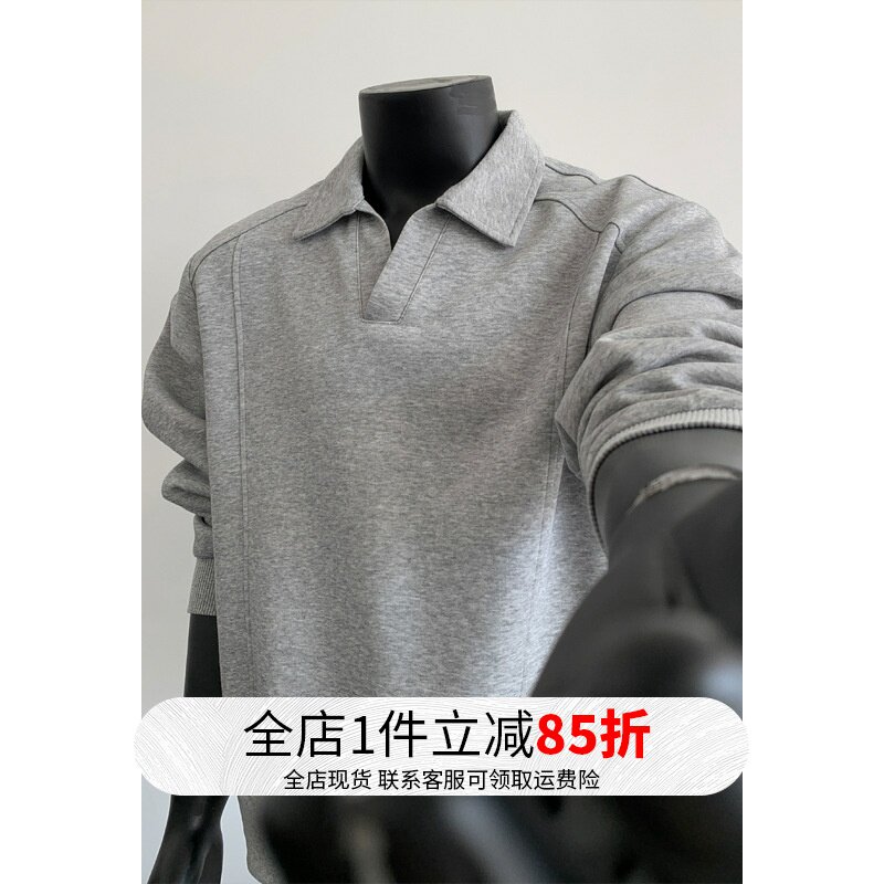 老钱风灰色正肩polo领长袖卫衣男女秋季宽松翻领上衣半拉链套头衫