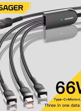Essager 6A 66W 3 in 1 USB Type C Cable Micro USB Wire适用 iPhone 14 13 Pro Max Samsung Xiaomi Huawei