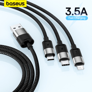 Charger Cable USB 3.5A 倍思数据线三合一手机充电线器1.2米一拖三快充三头适用苹果安卓车载3