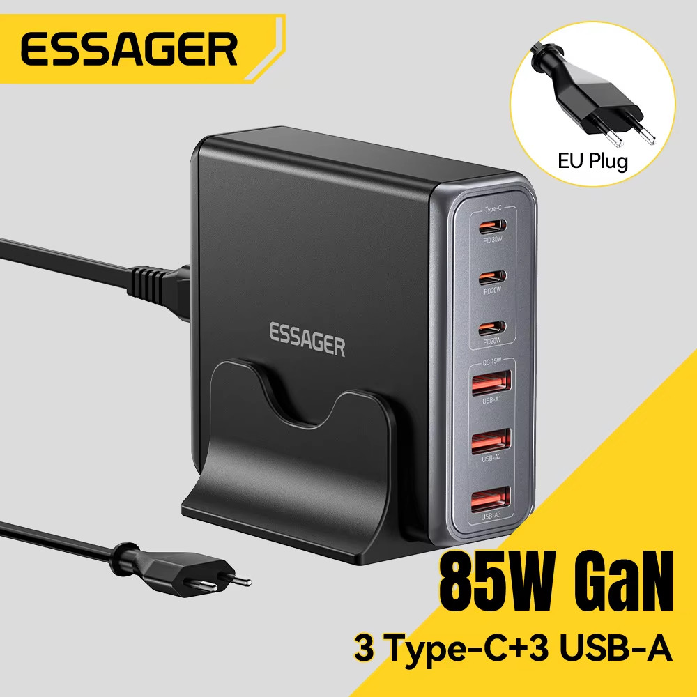 Essager 85W GaN Charger 6 Ports USB Type C Desktop Charger PD Fast Charging Station For iPhone iPad