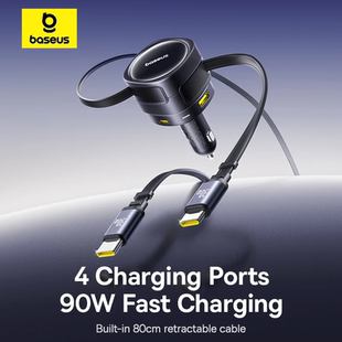 Baseus 90W USB Type-C Car Charger Dual Retractable Cable