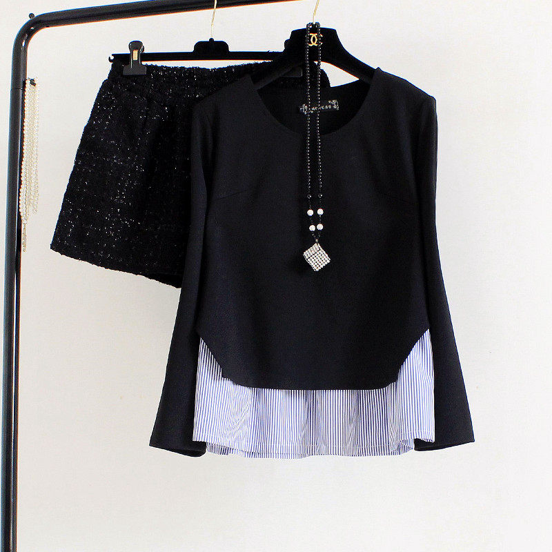 赔钱清仓春季新款韩版长袖条纹拼接裙摆上衣显瘦假两件女装打底衫