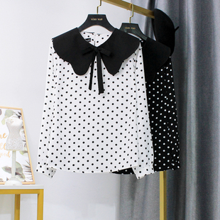 波点大码雪纺衫春季新款娃娃领气质名媛打底衫显瘦长袖胖mm衬衫女