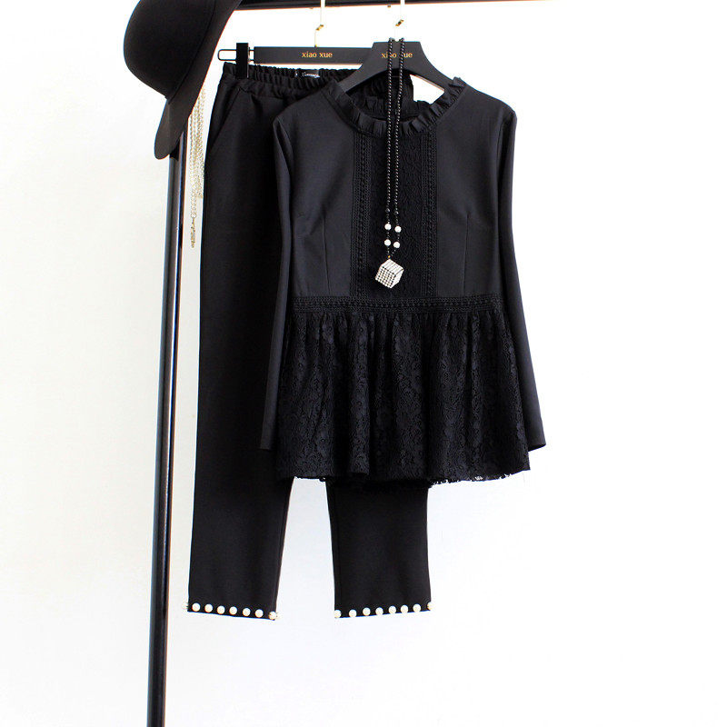 春季新款韩版大码长袖蕾丝拼接雪纺衫显瘦裙摆上衣胖mm娃娃衫女装