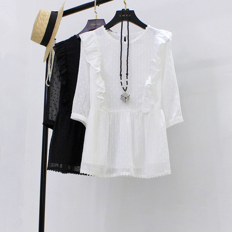 春季新款韩版超仙显瘦雪纺衫大码遮肚裙摆上衣胖mm洋气七分袖女装