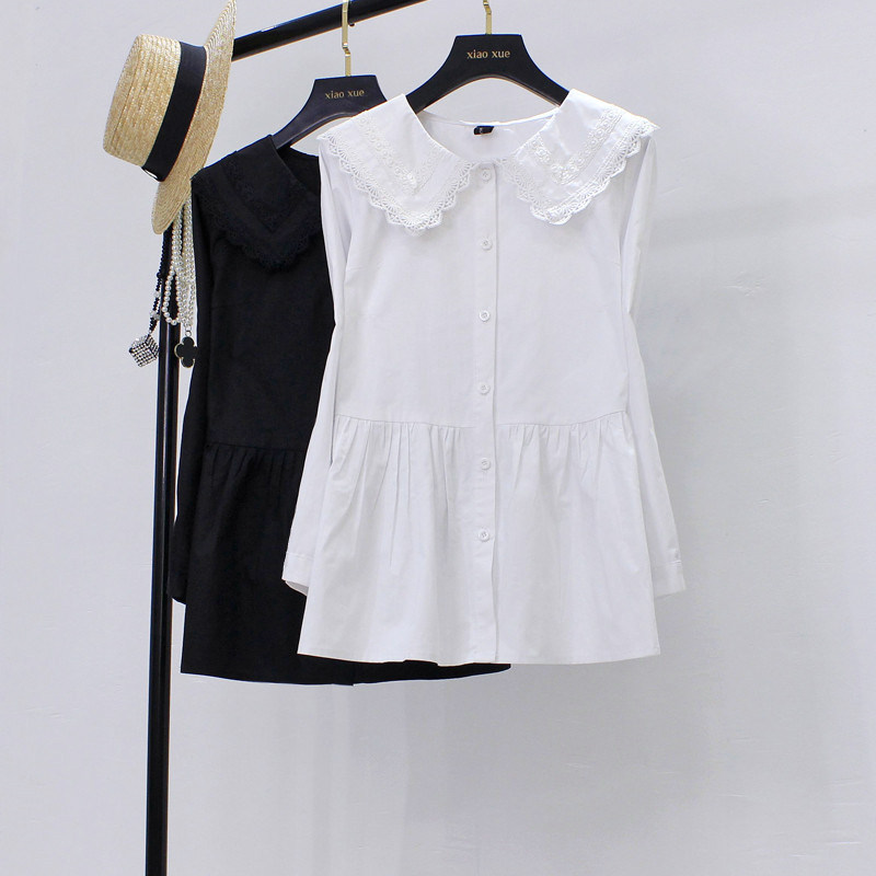 春季新款韩版宽松棉质裙摆式娃娃领衬衫大码显瘦遮肚上衣胖mm女装