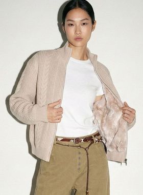 ZH深冬复古针织麦穗绞花立领毛绒座山雕加厚拉链毛衣外套男女