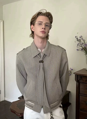 ZH25秋季新款突变者英伦风可拆卸领结千鸟格花纹翻领肩章夹克