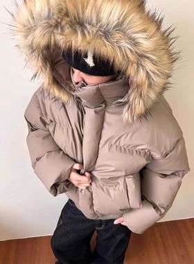 ZH可拆卸毛领pu皮派克棉服男女冬季保暖质感连帽加厚外套面包服