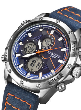 BOAMIGO男士休闲皮带腕表双机芯多功能计时夜光石英运动手表F546