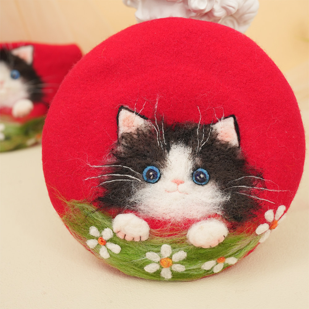 瘦瘦家原创手工羊毛毡可爱奶牛猫布偶猫贝雷帽秋冬保暖大头围帽