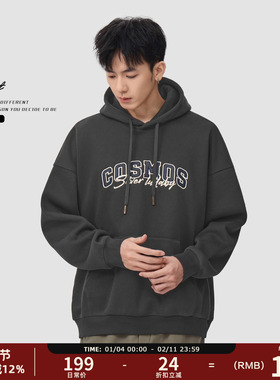 GWIT 重磅复古潮牌刺绣冬季保暖套头打底帽衫加绒加厚连帽卫衣男